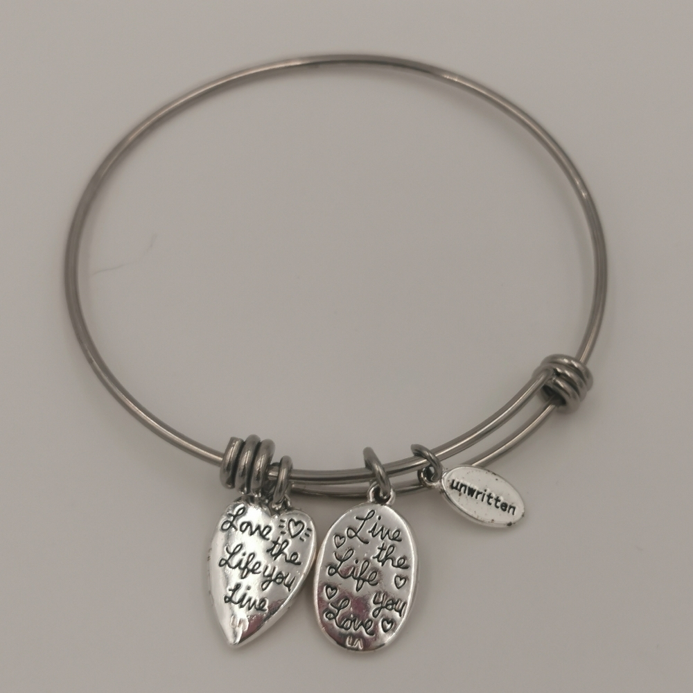 Two-Tone Stainless Steel “Love Life” Unwritten Charm Adjustable Bangle Bracelet